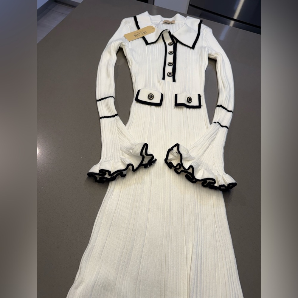 Women’s White Ribbed Knit Midi Dress with Contrast Trim - Picture 11 of 14